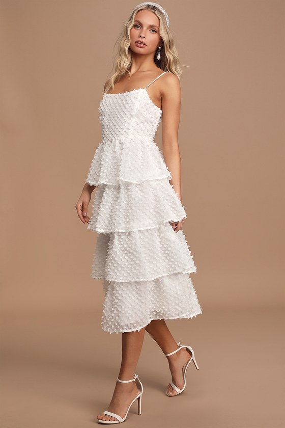 White Tiered Dress - Pom Pom Midi Dress ...